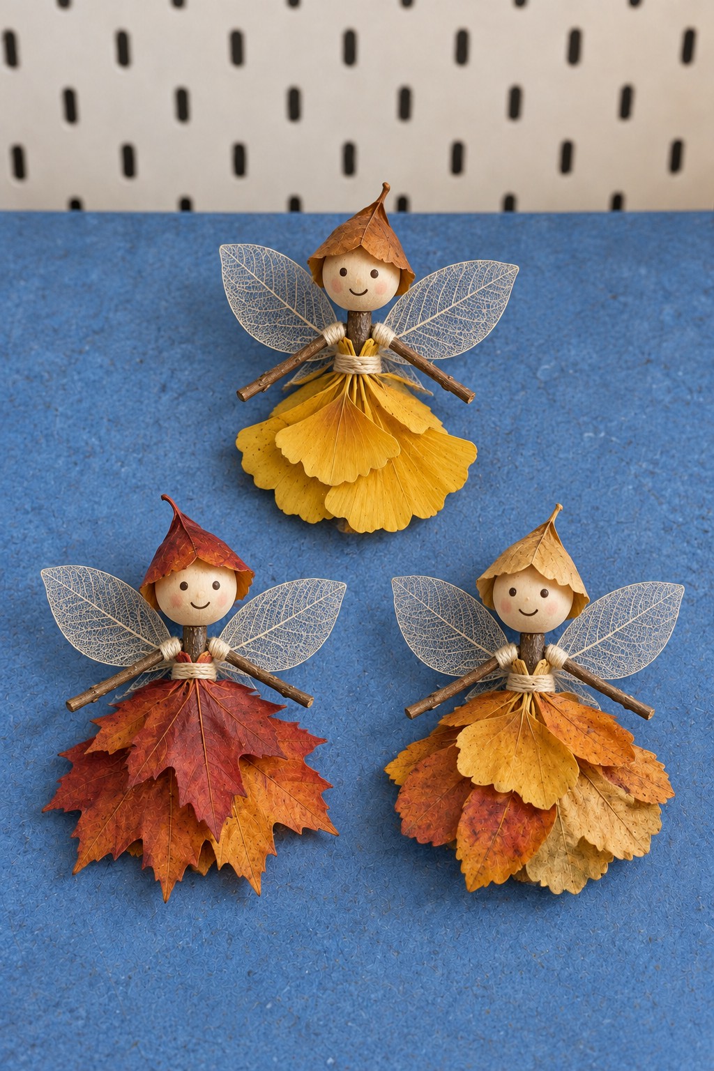 Three small wooden bead fairies with layered autumn leaf skirts and translucent skeleton leaf wings