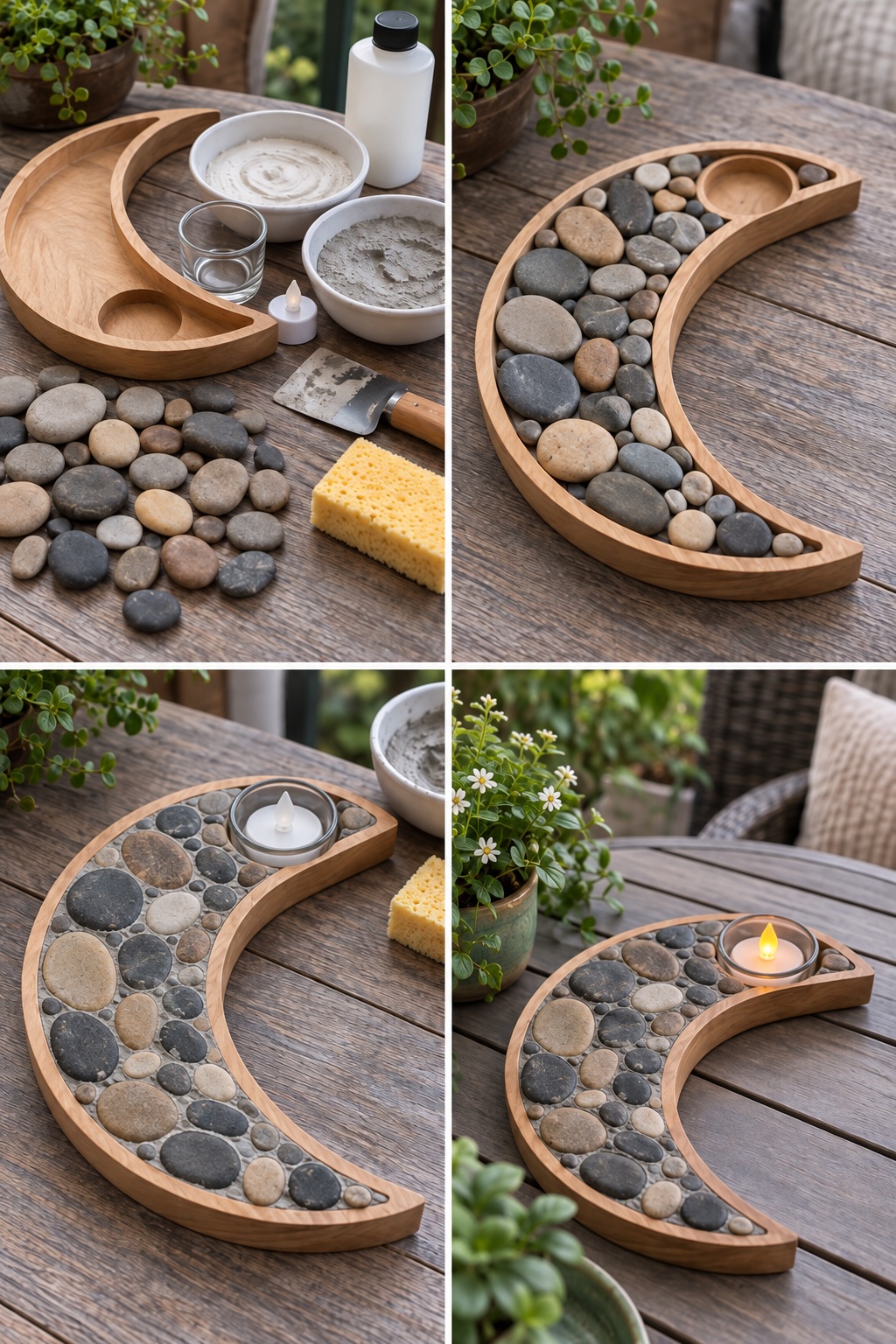 Four panels showing a crescent pebble mosaic tray with a removable glass cup and plastic battery LED tealight