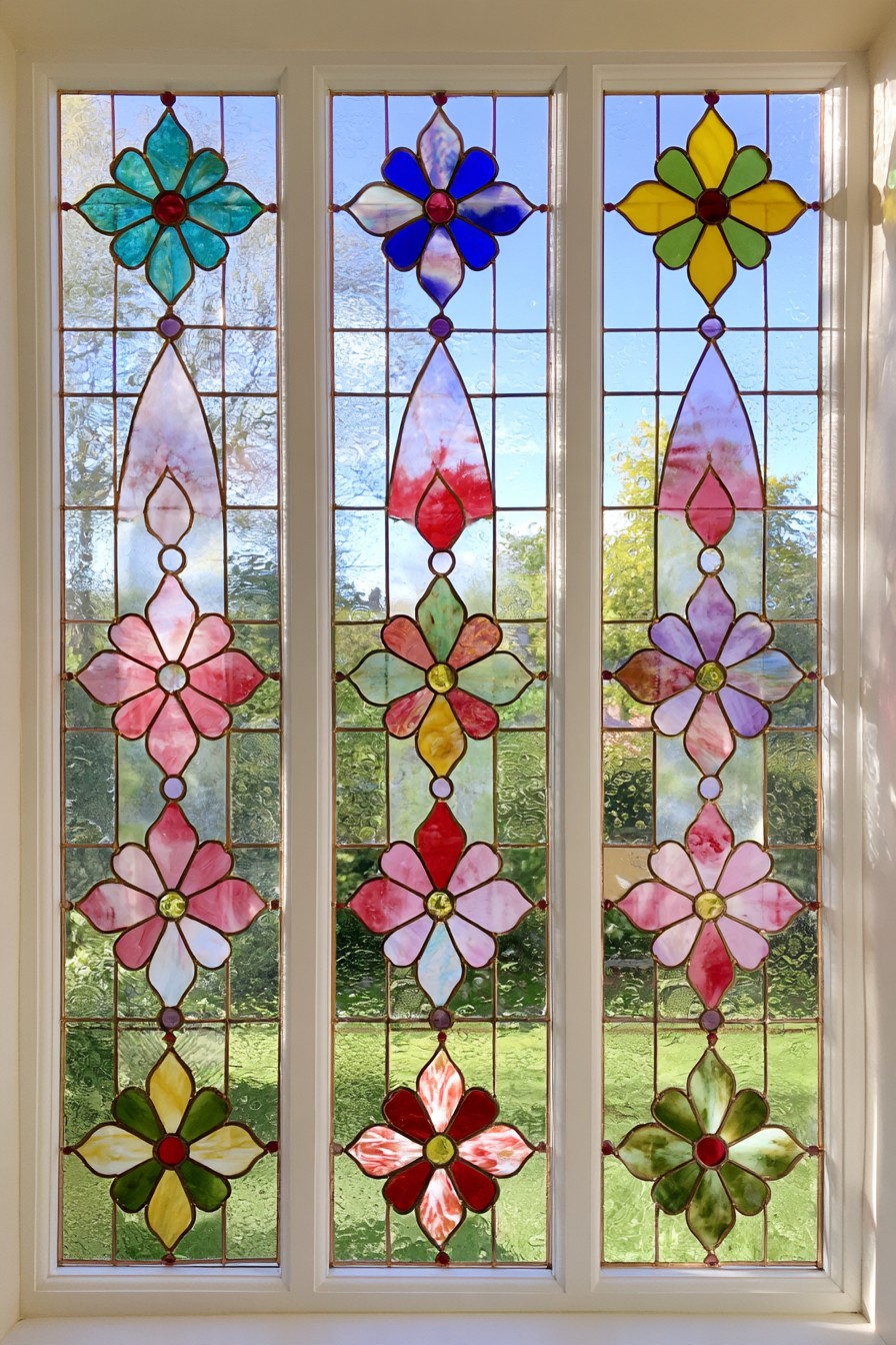 Three narrow window panels with repeated flowers in turquoise, blue, yellow, pink, red, and green