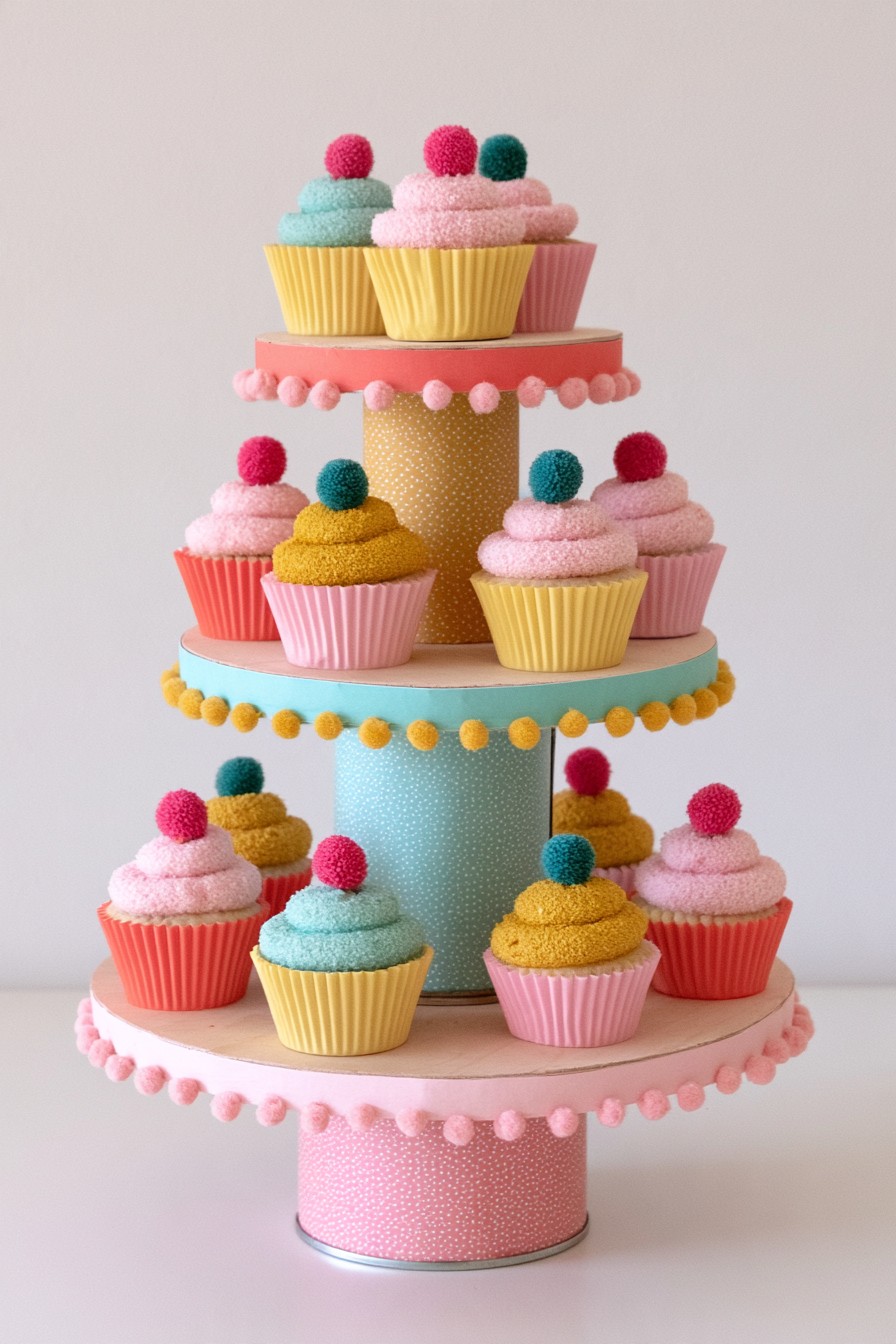 Colorful upcycled tin cupcake stand on a dessert table