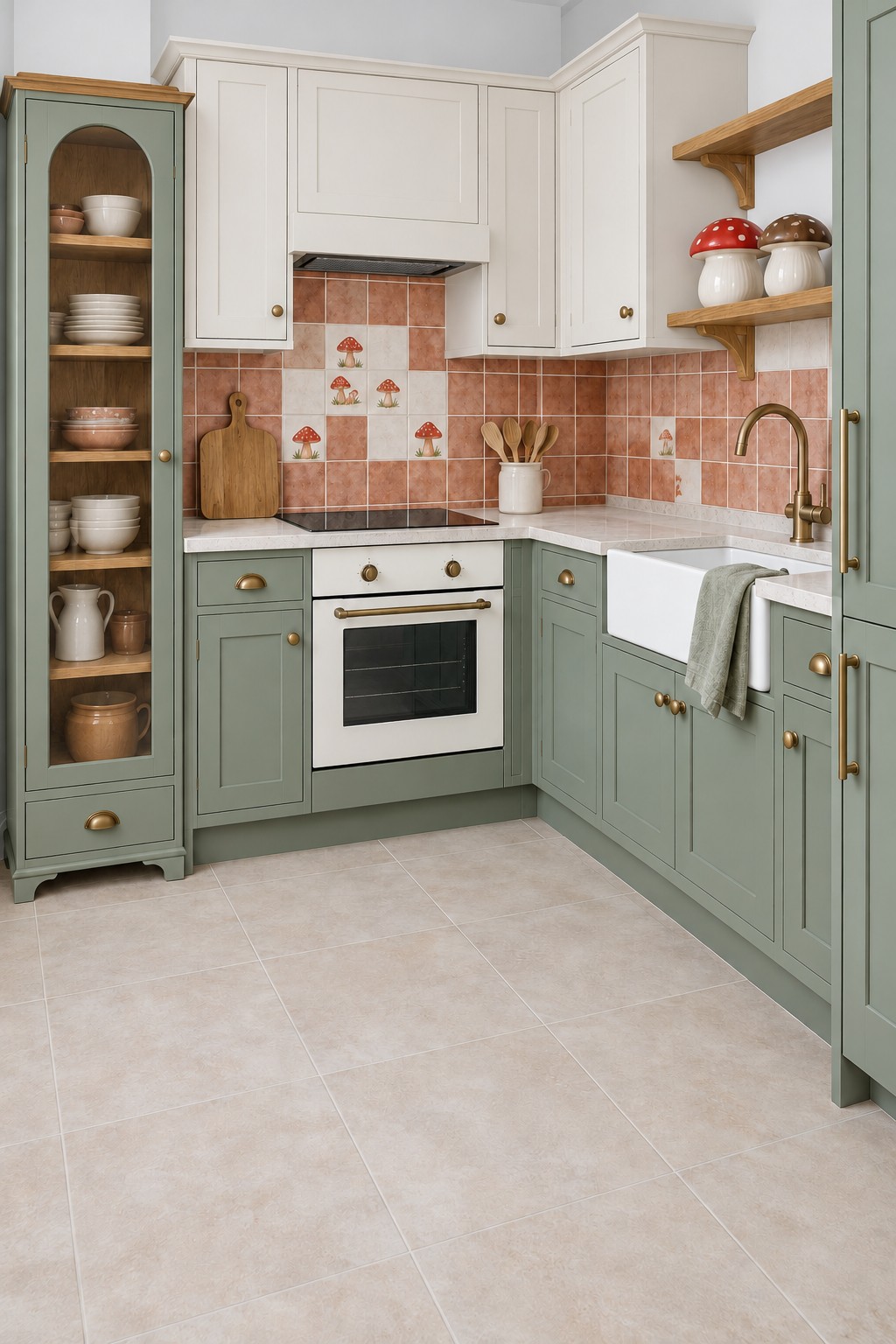 Sage green and cream kitchen with terracotta mushroom tiles, wooden shelves, and mushroom shaped canisters