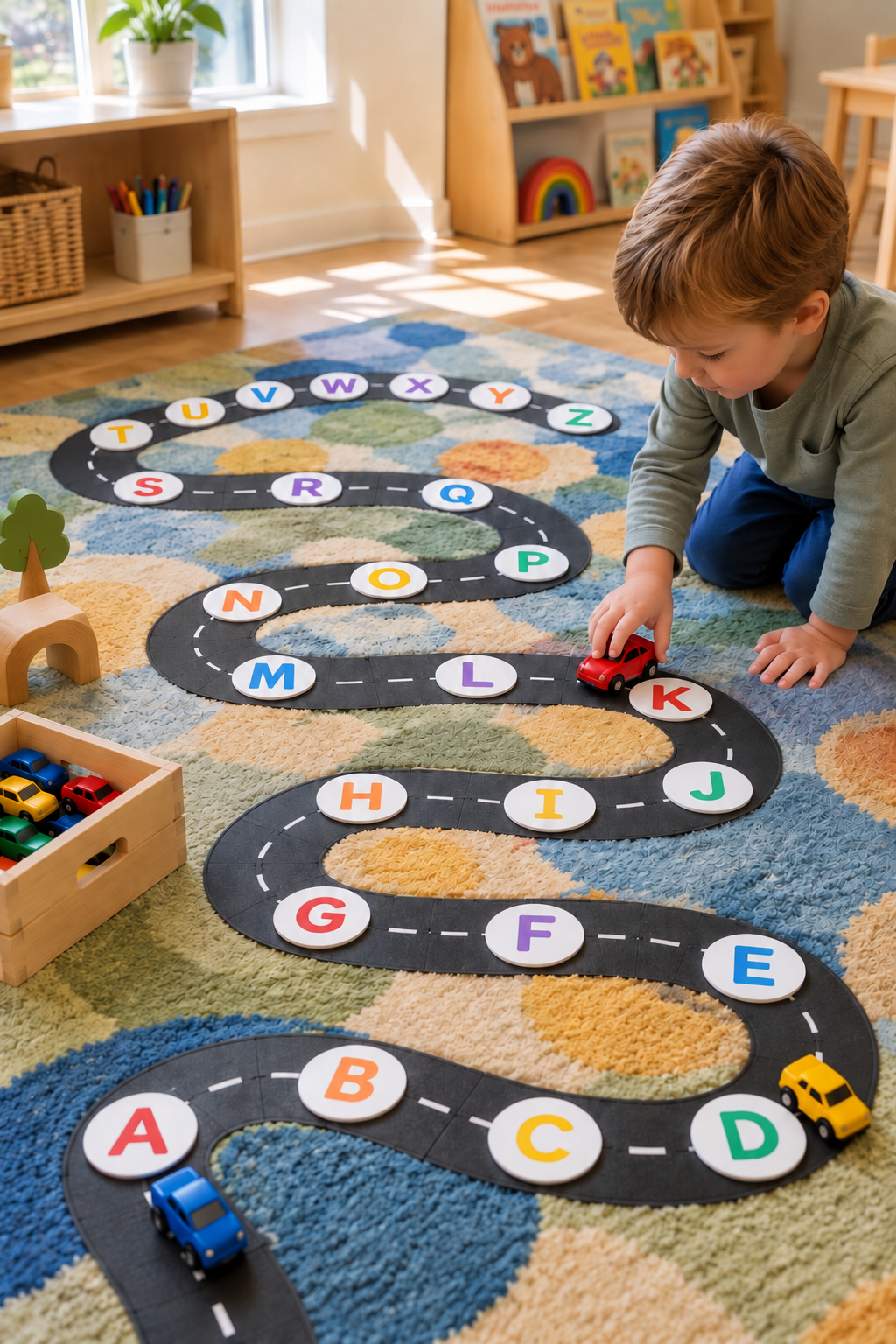 Toy car road with letter stops following A through Z around its bends