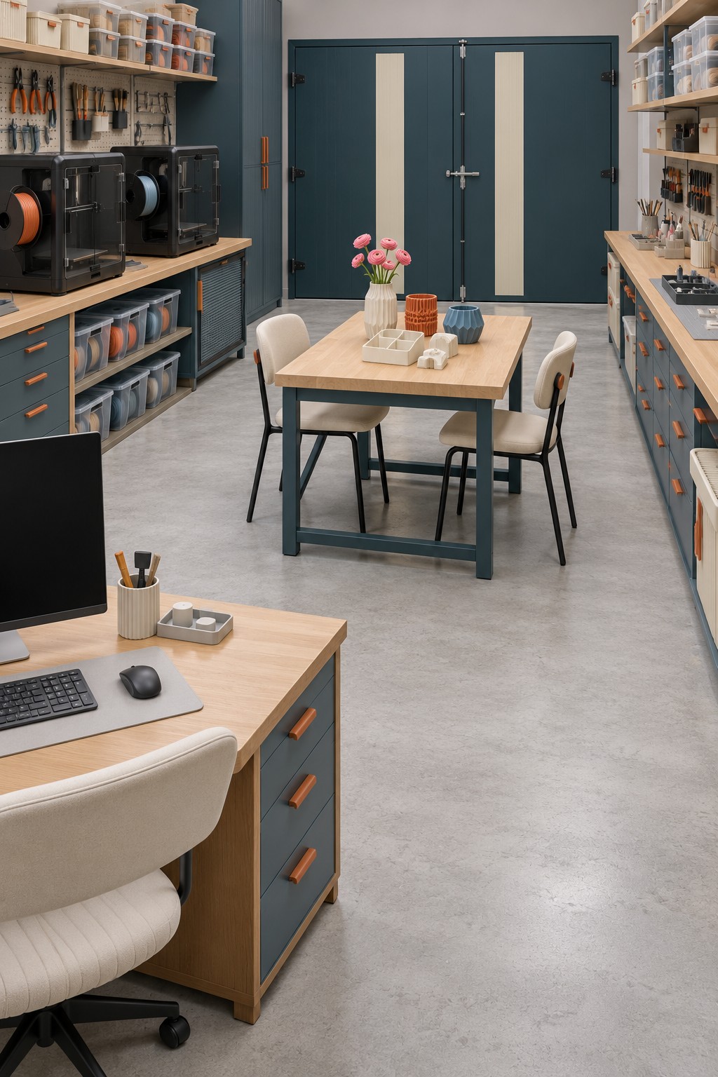 Garage 3D printing studio with enclosed printers, filament storage, teal tool cabinets, a computer desk, and assembly table