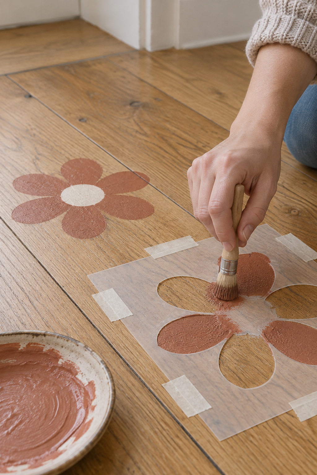 Stencil brush applying terracotta color to a taped flower pattern beside a completed flower
