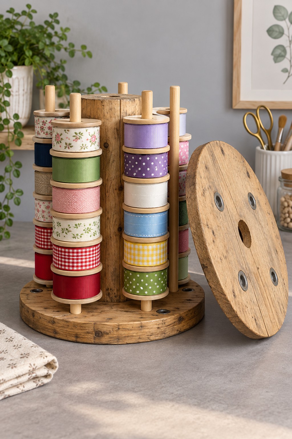 Reused wooden cable reel fitted with upright dowels holding stacks of colorful ribbon spools beside its removed top disk