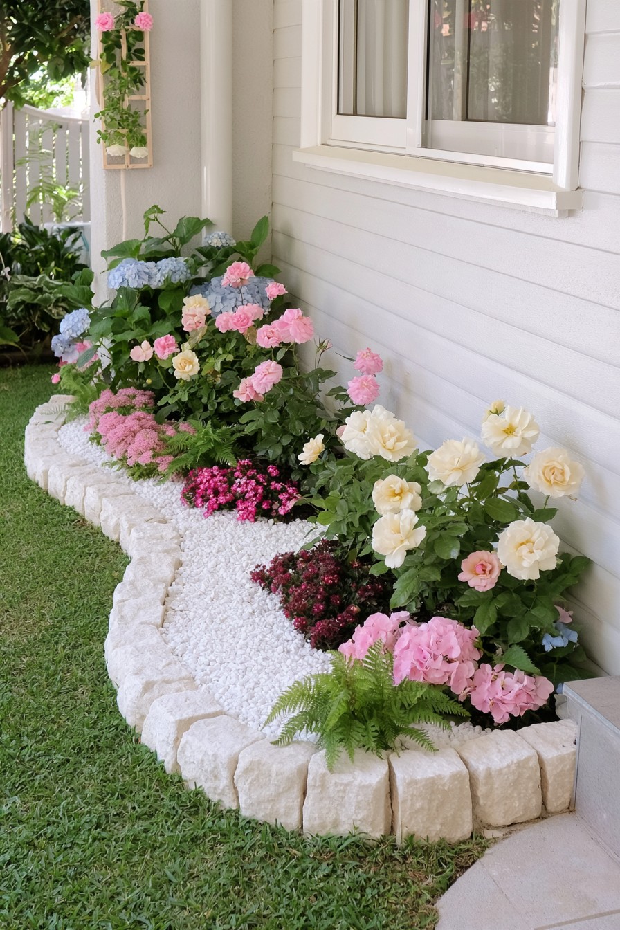 Curved white gravel flower bed with pale stone edging beneath house windows