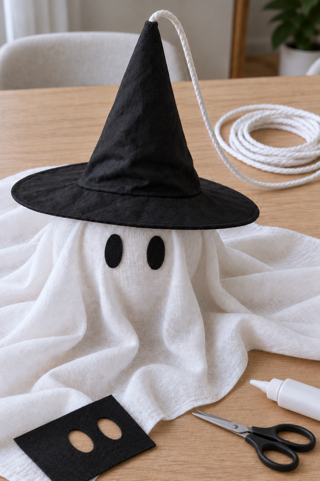 Two black felt oval eyes attached below the witch hat while the ghost rests on the worktable.