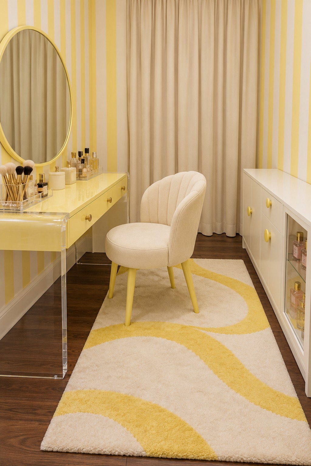 Lemon yellow vanity with transparent side supports, striped walls, cream chair, and yellow curved rug pattern