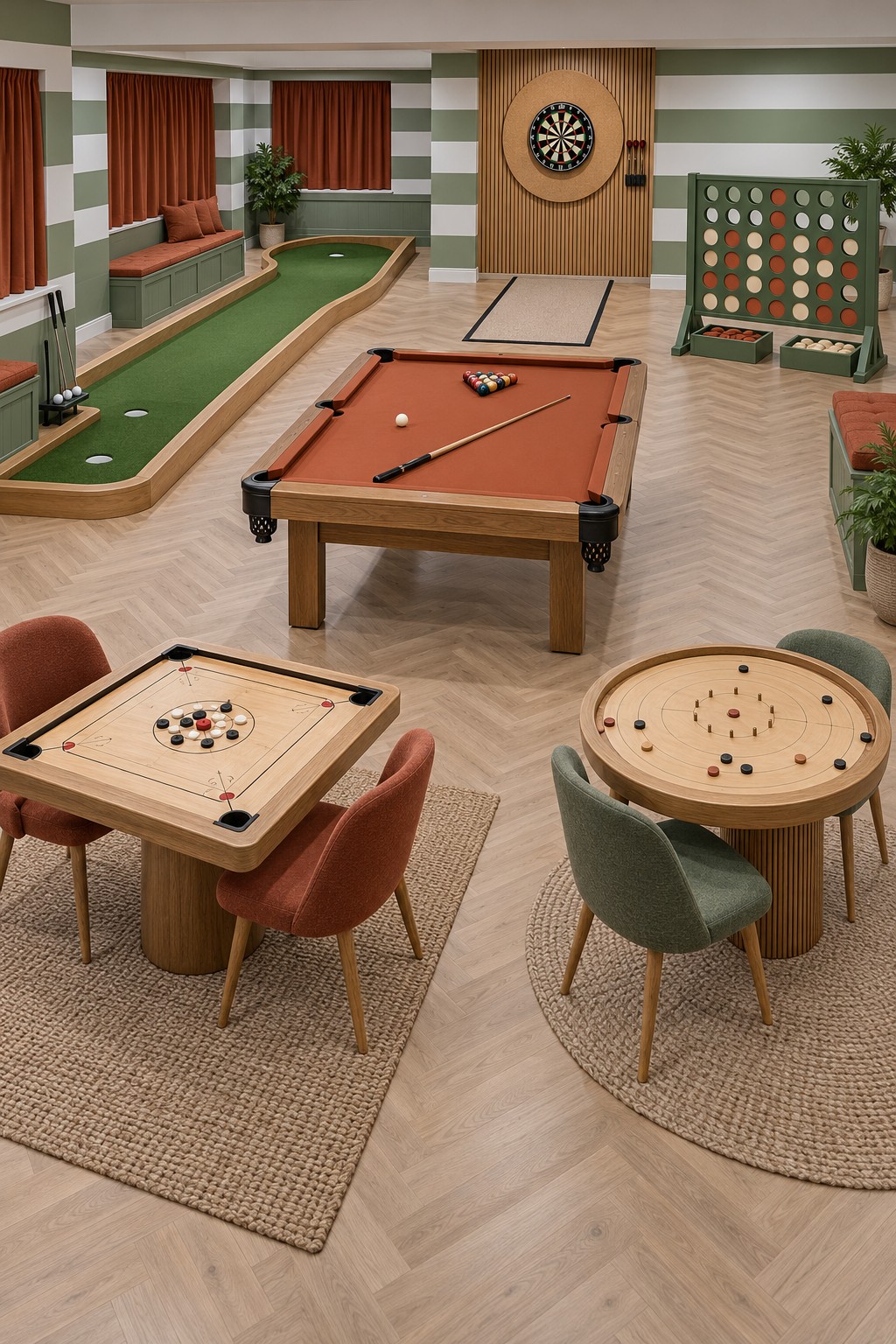 Sage and rust basement with carrom and round disc games, an orange pool table, putting green, dartboard, and giant four in a row