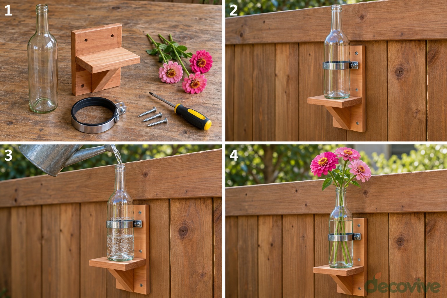 Four steps for a fence mounted wine bottle vase: prepare materials, secure the shelf and bottle, add water and arrange flowers