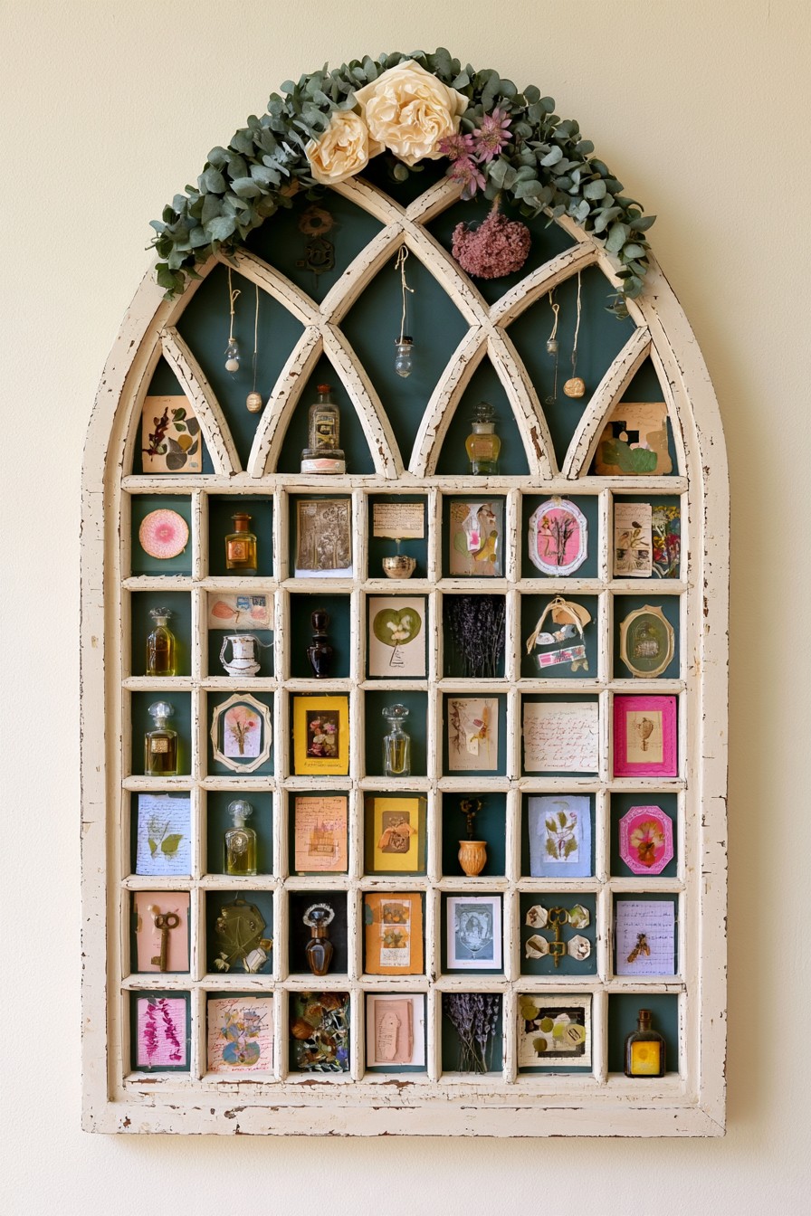 Arched reclaimed window displaying small botanical and vintage keepsakes