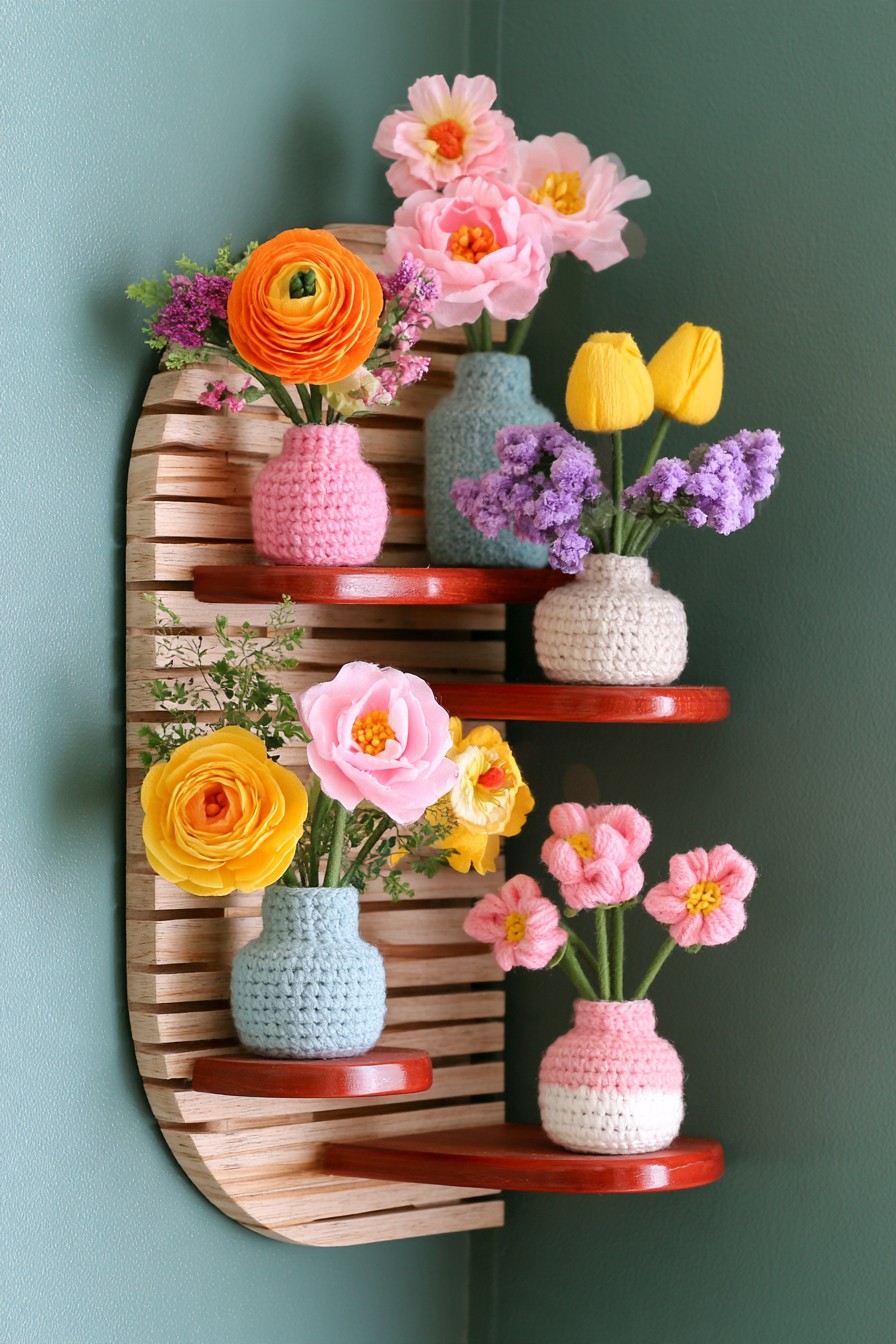 Curved slatted wall shelf with small red platforms, crochet covered vases, and colorful handmade flower forms
