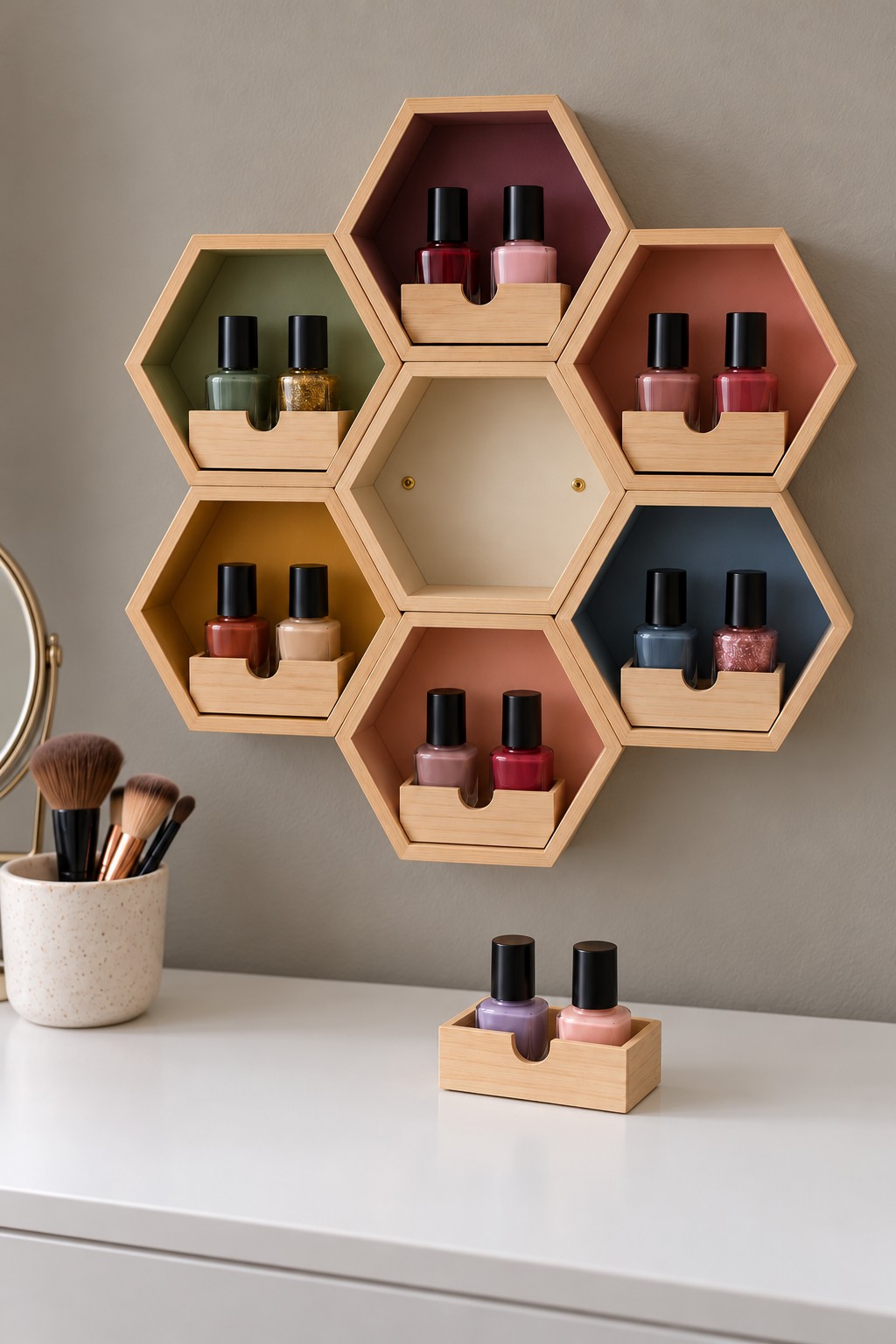 Seven wooden hexagonal wall cubbies with colored backs and small removable nail polish caddies
