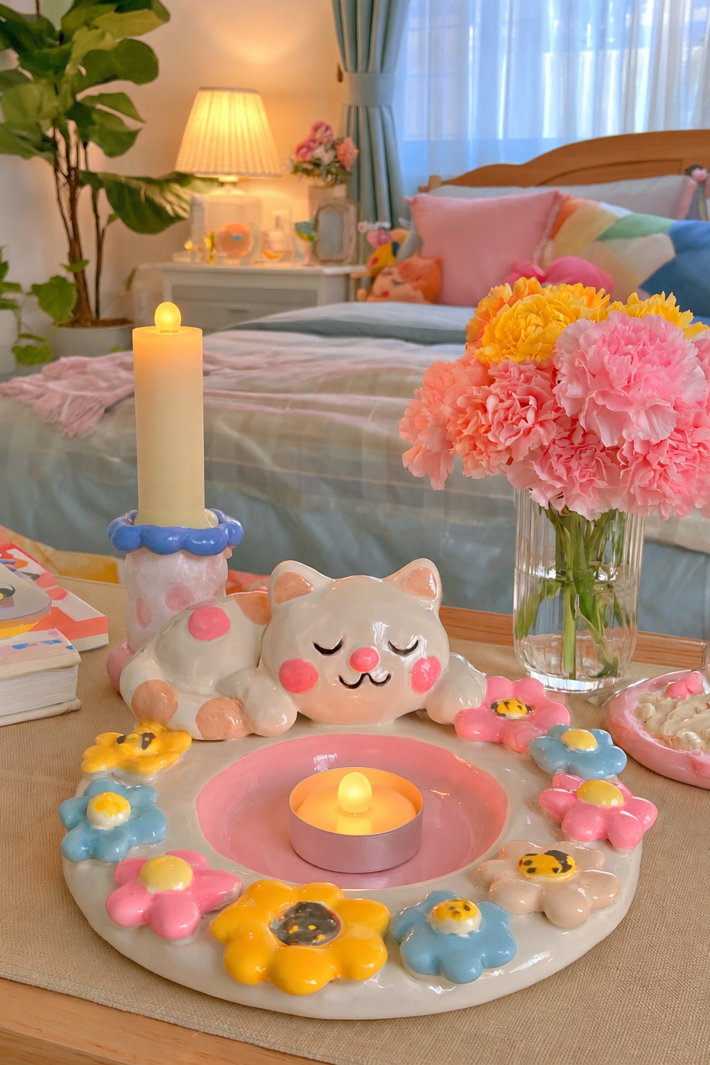 Resting cream cat beside a floral tray with two flameless electric candle products