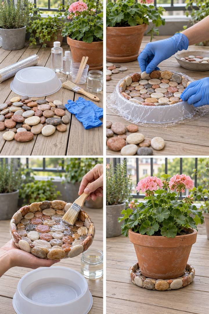 A shallow bonded pebble saucer finished beneath a terracotta pot of pink flowers