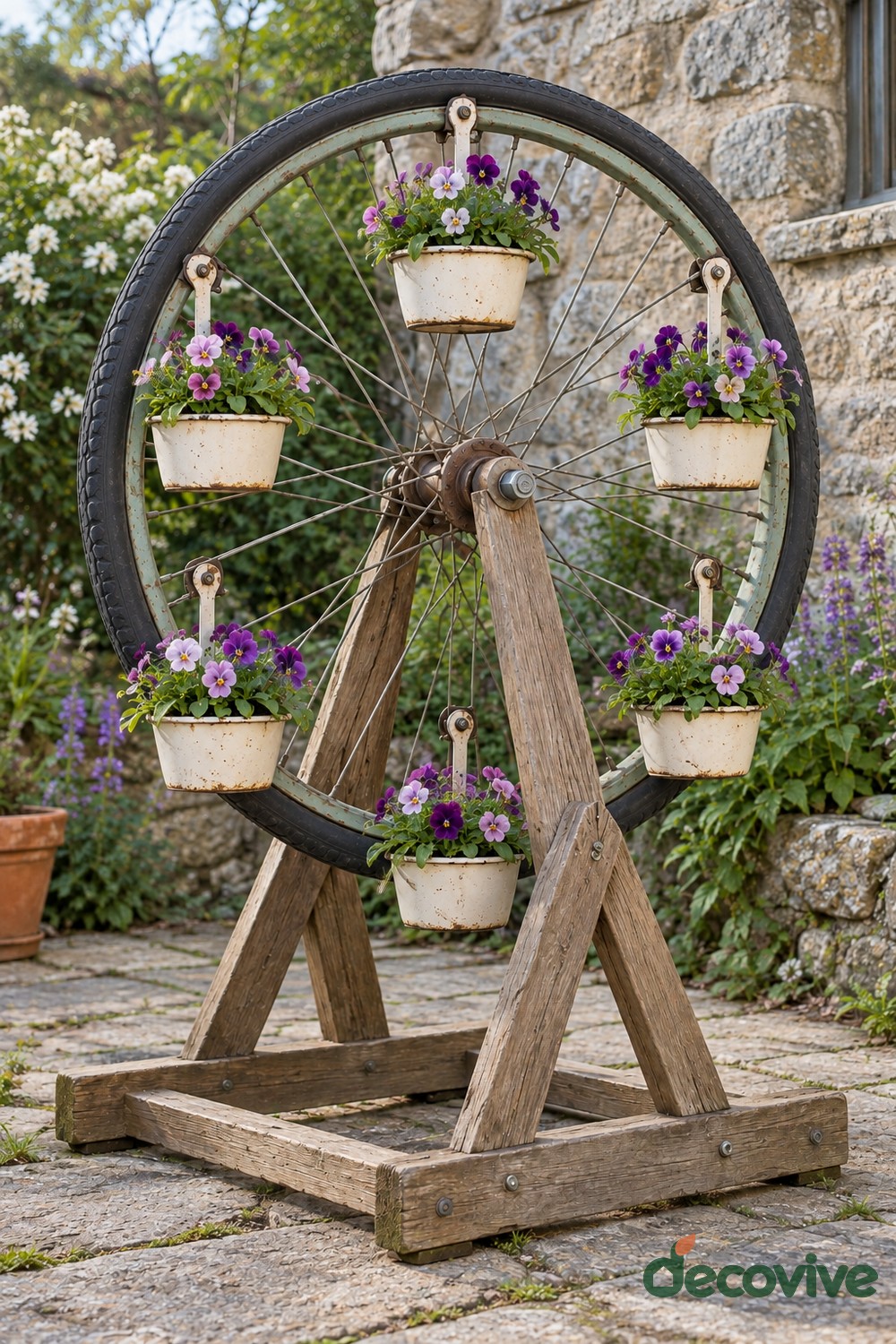 Upright bicycle wheel with its black tire on a wooden A frame and six cream pots filled with purple and white flowers