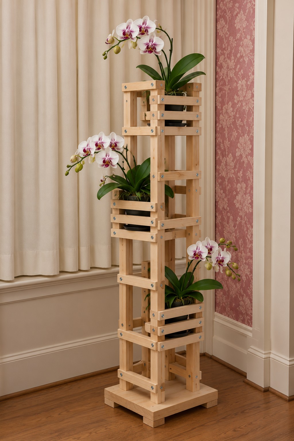 Tall pale timber lattice stand with three staggered crate pockets and patterned white orchids
