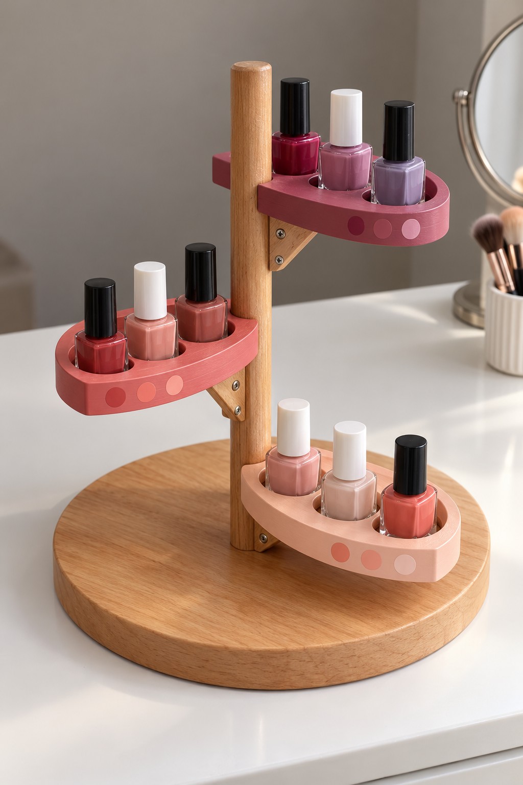 Wooden upright nail polish stand with three pink platforms, front dots, and triangular support brackets