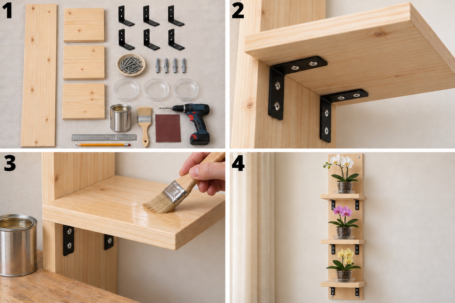Four stages of a wooden orchid wall tower: materials, bracket assembly, clear finishing, and three potted orchids