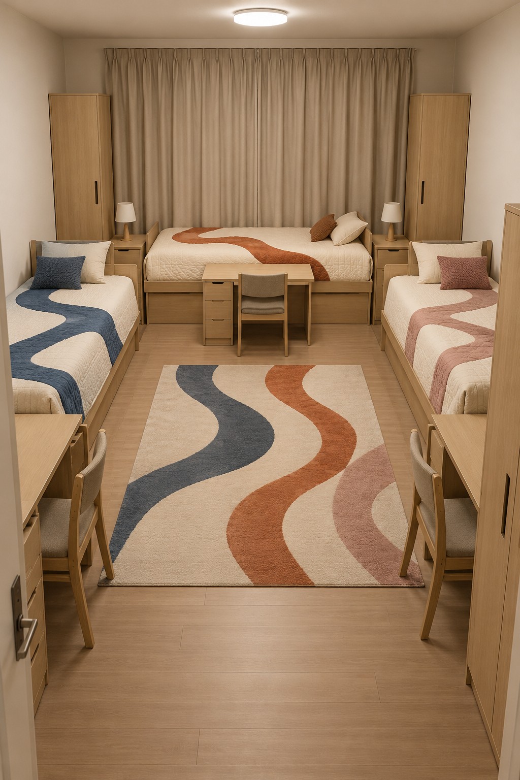 Three low beds with blue terracotta and blush wave patterned covers and a matching flowing rug
