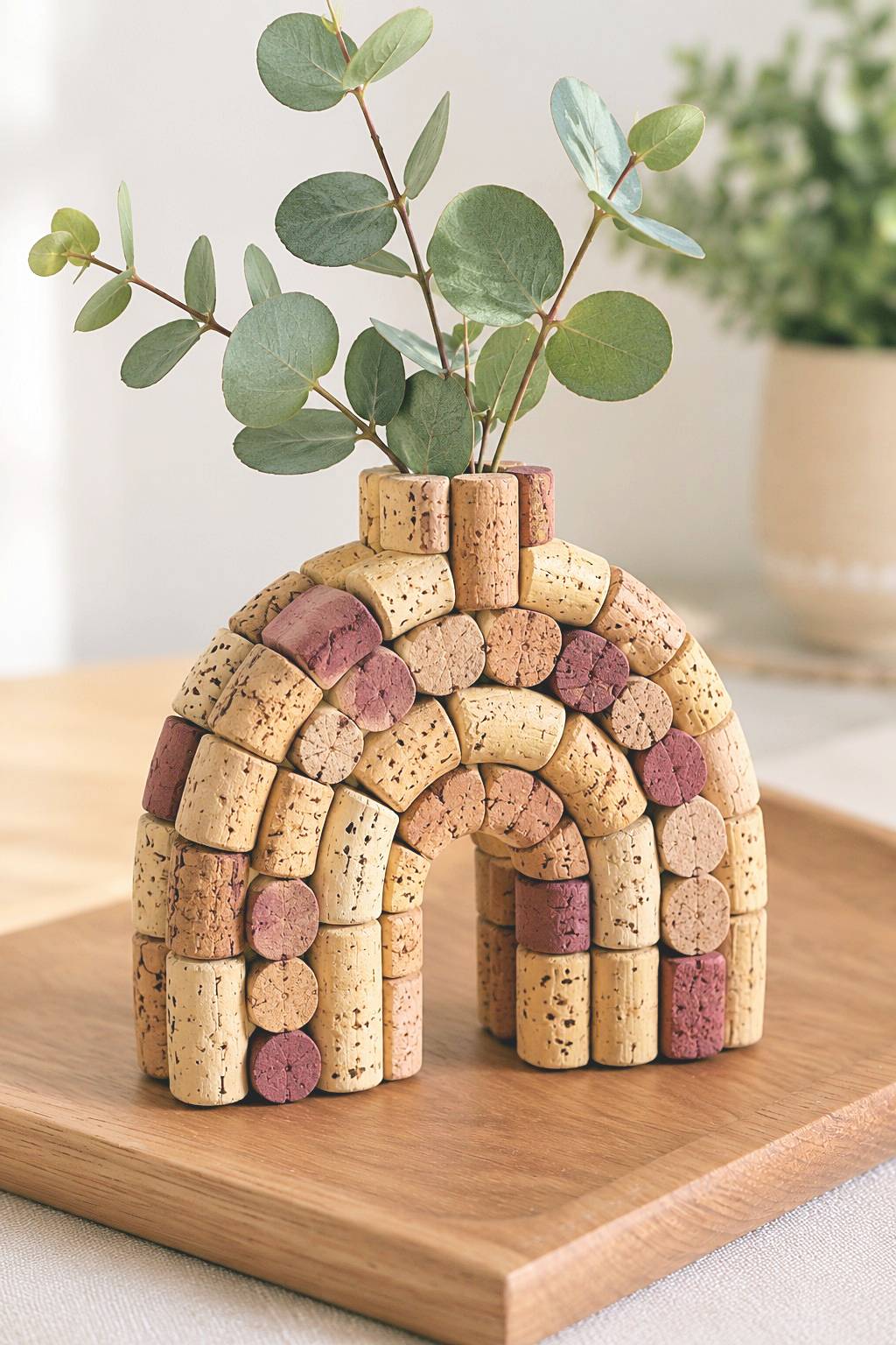 Arched cork sculpture with a central opening and stems at the top