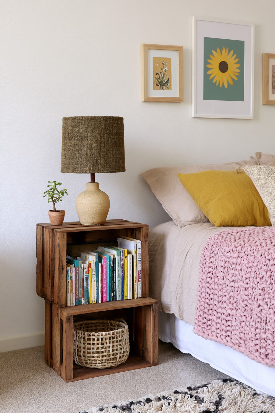 Natural wood crate bedside table with open shelves for books