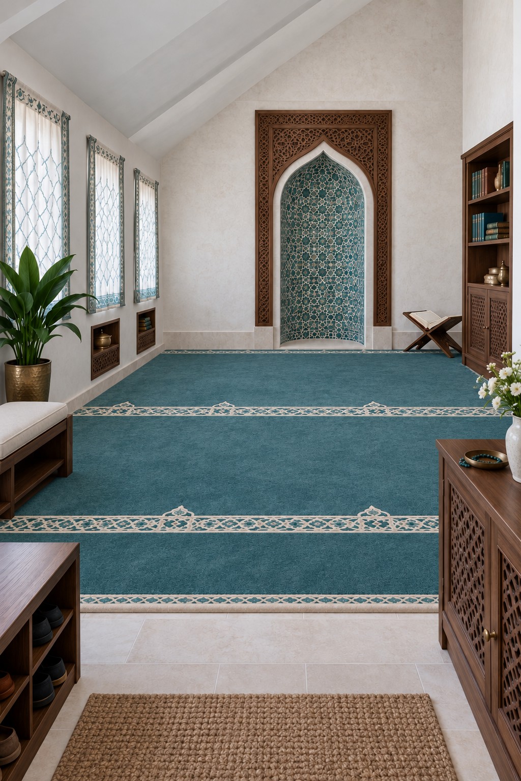 Teal carpeted attic prayer room facing a patterned pointed arch niche with bookshelves along the sides