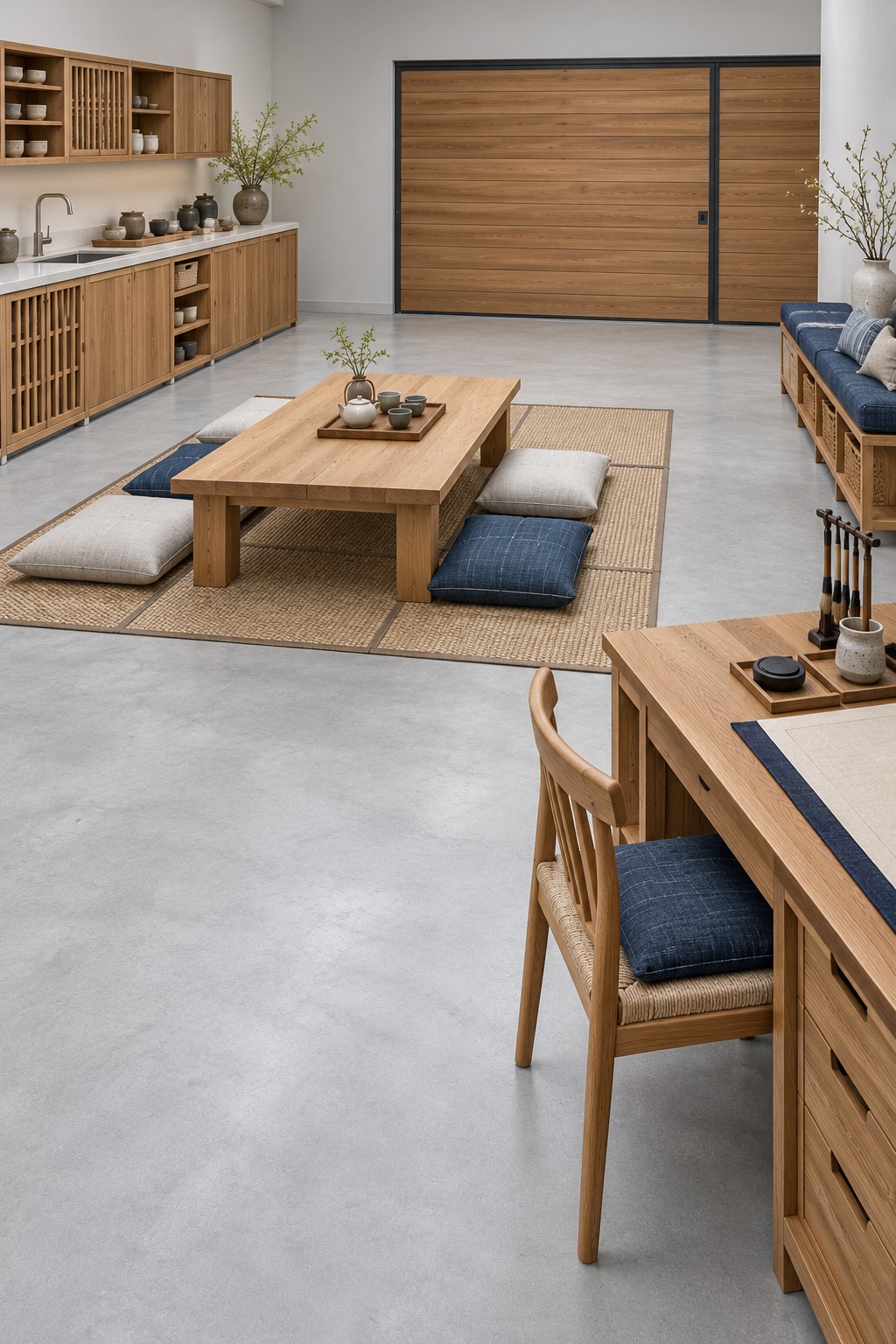 Timber garage tea and calligraphy room with a low table, floor cushions, blue bench, sink counter, and writing desk
