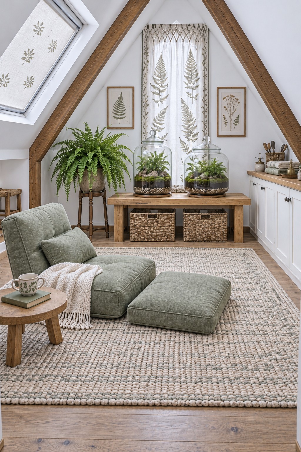 Sage upholstered chair and footstool beside two glass terrariums and a large fern in a white attic