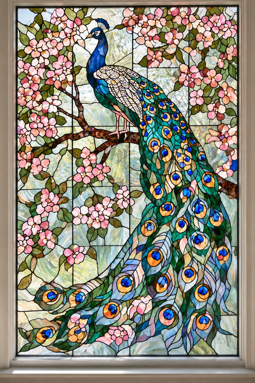 Blue peacock on a branch with a long green and blue eye patterned tail and surrounding pink blossoms
