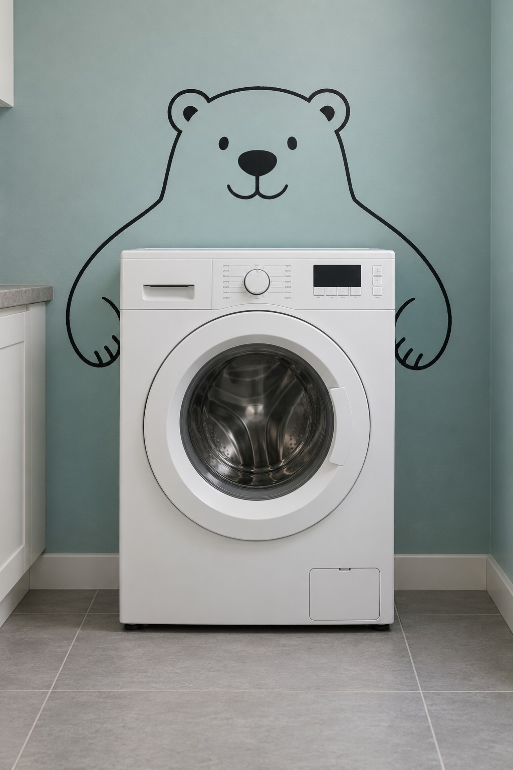 White front loading washing machine beneath a smiling polar bear outline on a blue green laundry wall