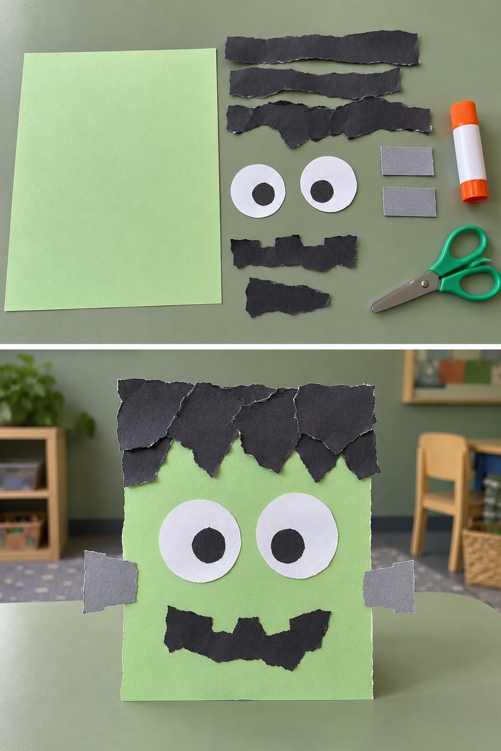 Green card and torn paper pieces above a Frankenstein monster portrait with gray side bolts