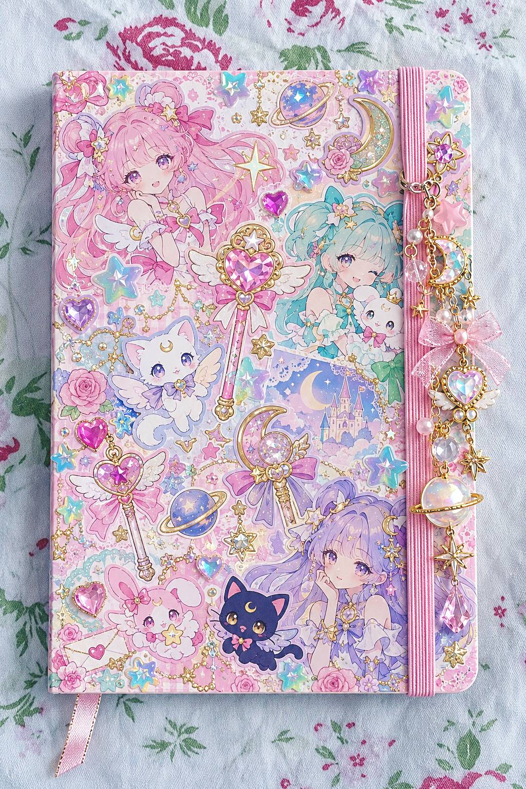 Pastel celestial sketchbook cover with illustrated characters, stars, crescent moons, and side charms