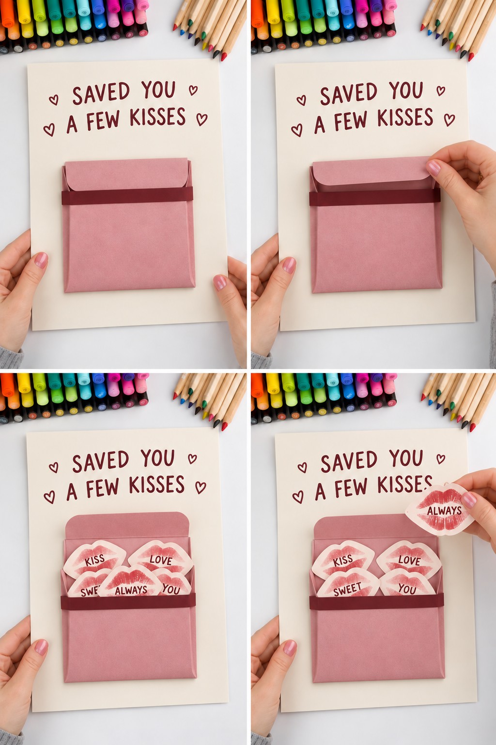 Four views of a pink pocket opening to reveal round paper kiss tokens under Saved You a Few Kisses