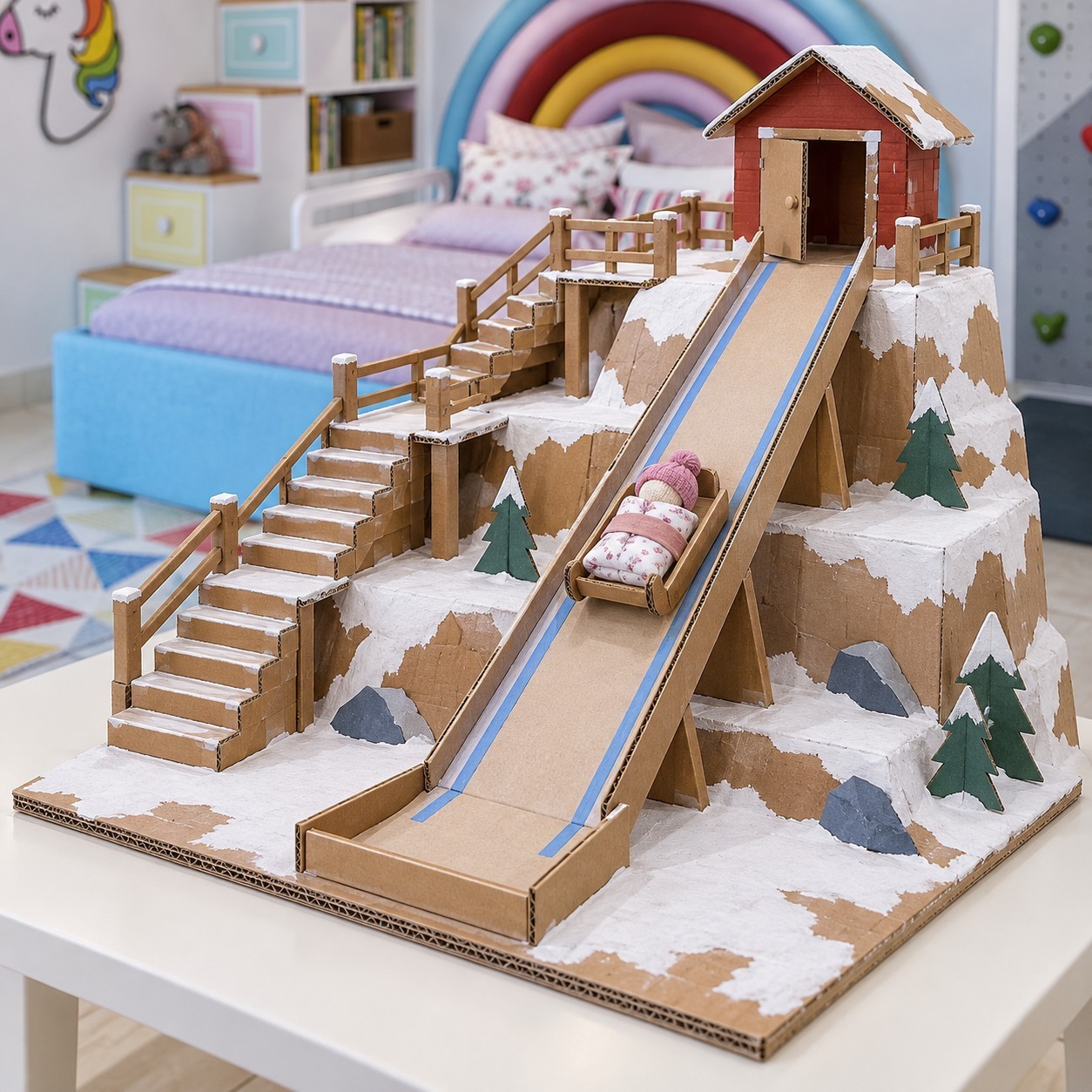 Cardboard snowy mountain with a long sled run, zigzag stairs, railings and a lodge at the top