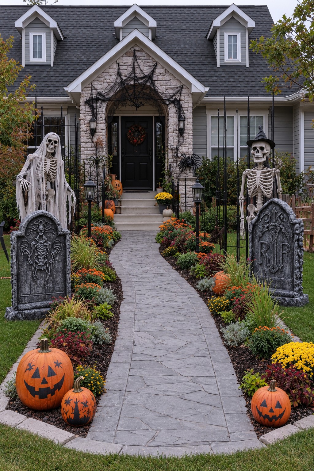 Two skeleton figures and large grave markers beside a curving path toward a web-decorated doorway