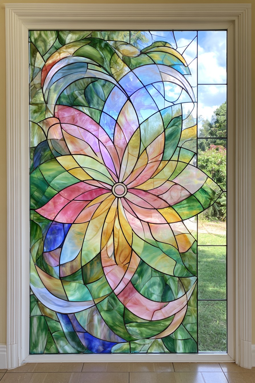 Large pastel flower with a circular center and sweeping pink, yellow, blue, and green petal shapes
