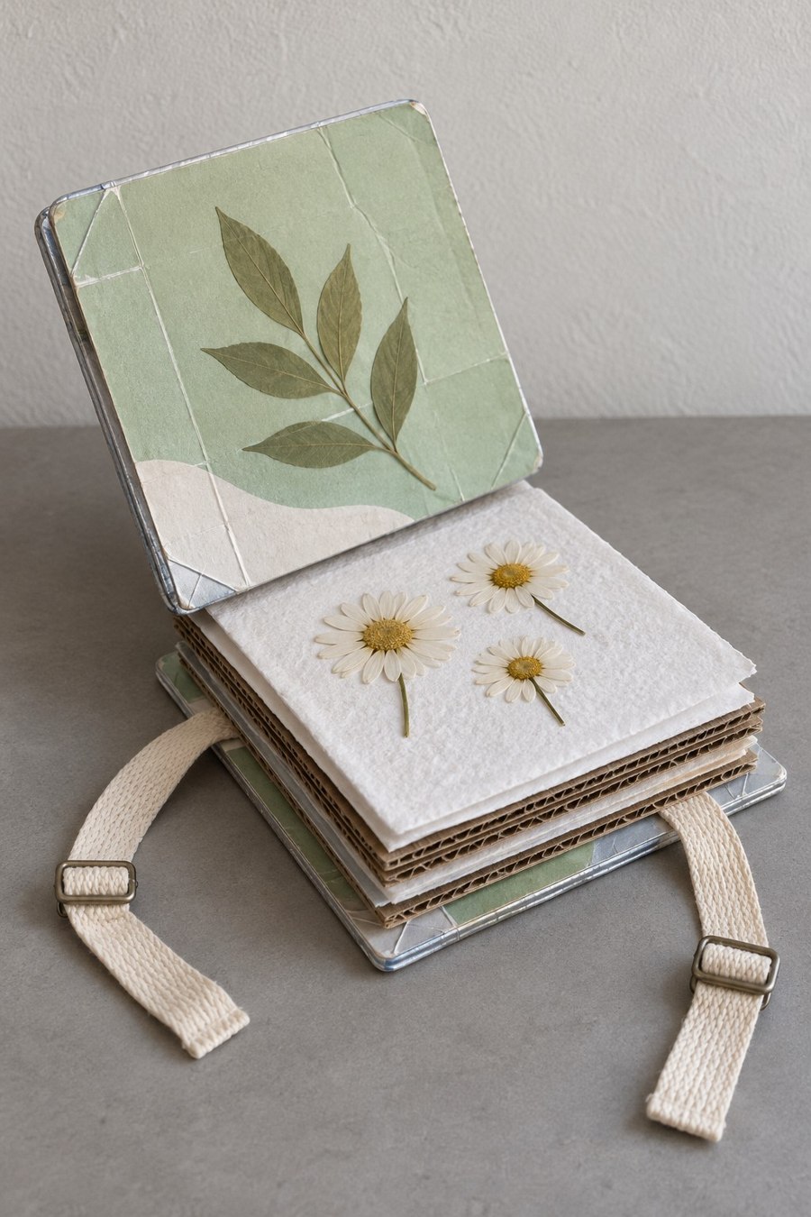 Small ribbon tied nature journal with botanical carton covers and illustrated pages