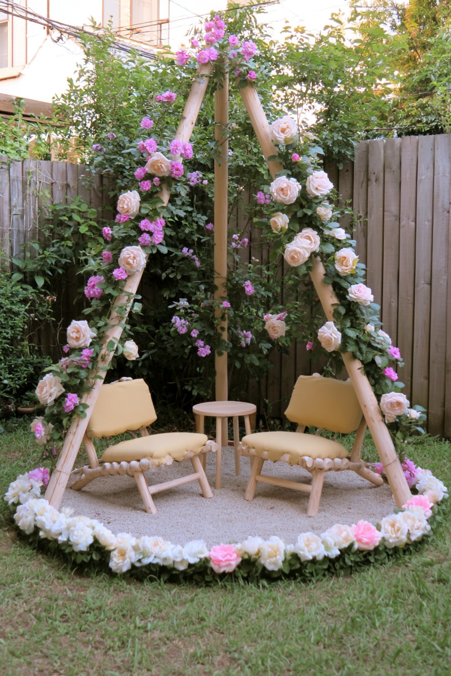 Flower-covered A-frame above two lounge chairs on a circular gravel seating pad