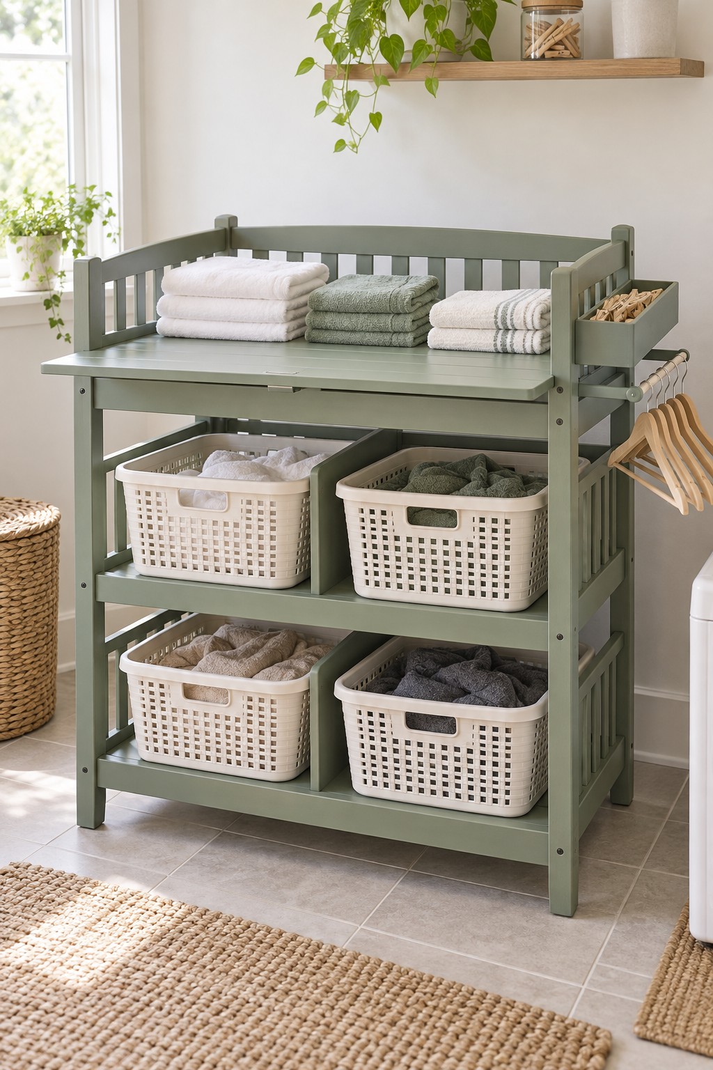 Sage green retired changing table used for folded towels fabric baskets and household linens on three open levels