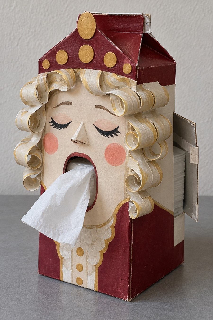 Red and cream royal character carton dispenser with curled hair and a tissue at its mouth