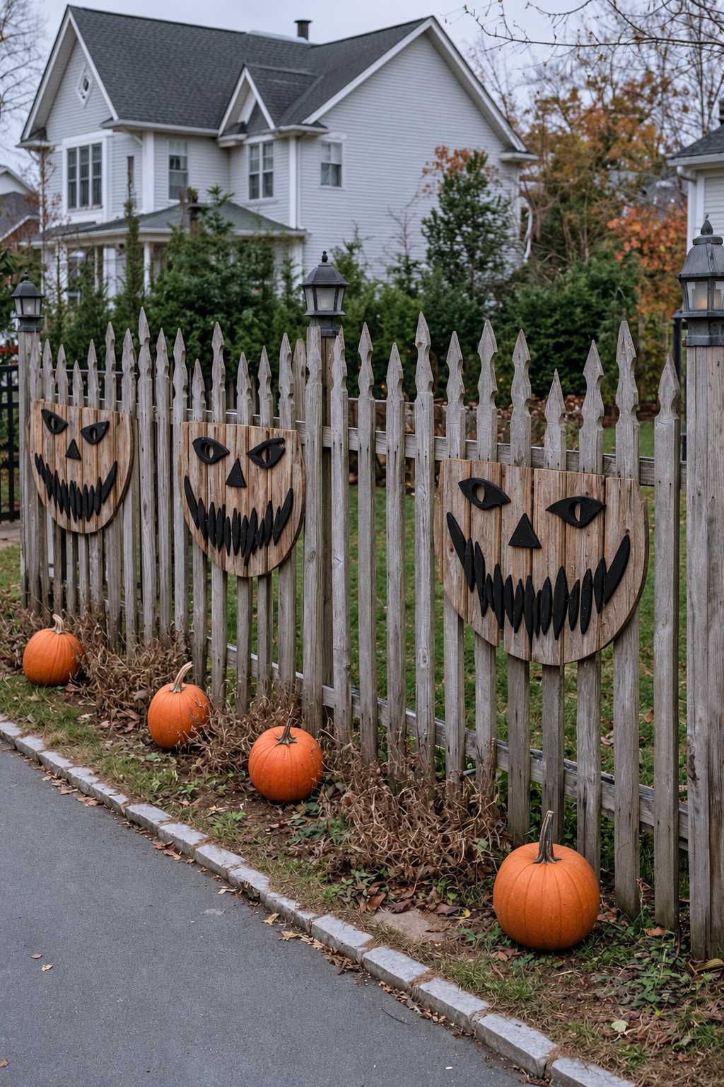 Large natural-wood jack-o’-lantern face panels on a picket fence with orange pumpkins below
