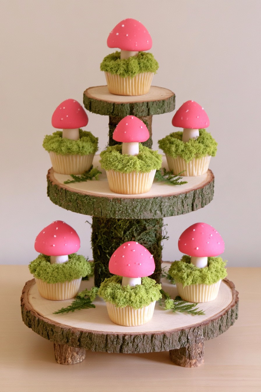 Rustic woodland tree slice cupcake stand on a dessert table
