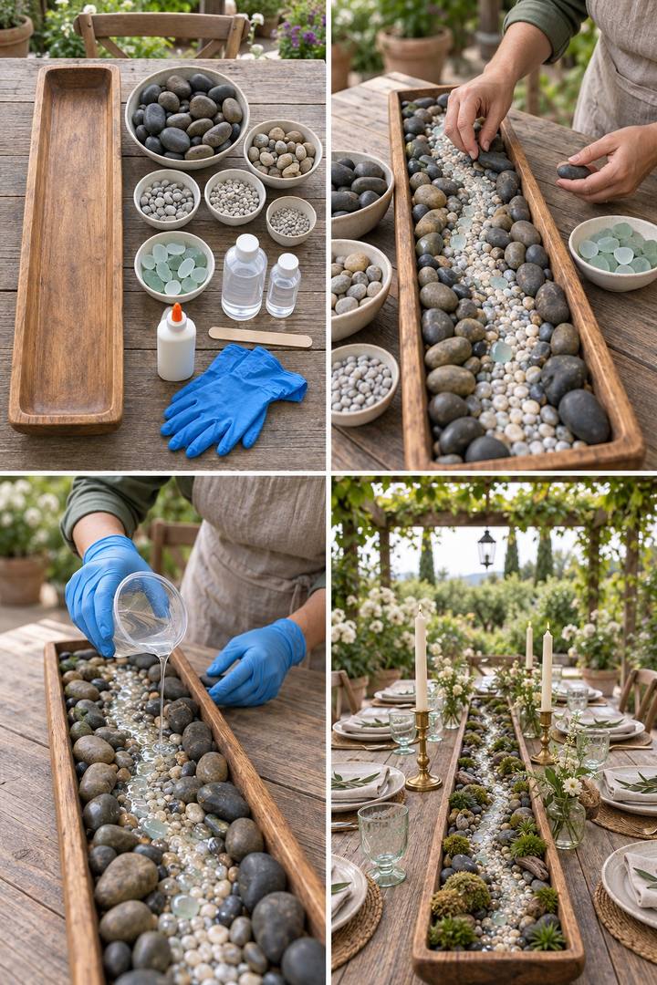 A long wooden bowl arranged with pale pebbles, an aqua glass creek, and greenery at its ends