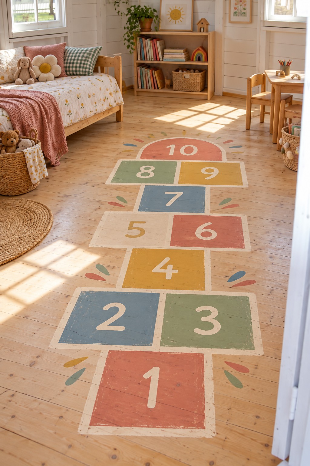 Hopscotch layout numbered one to ten in coral, mustard, blue, green, and cream on a wooden bedroom floor