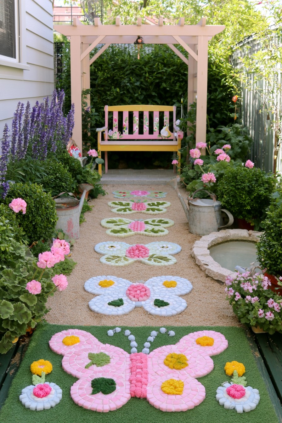 Pink timber pergola and garden seat beyond a narrow path with floral and butterfly motifs