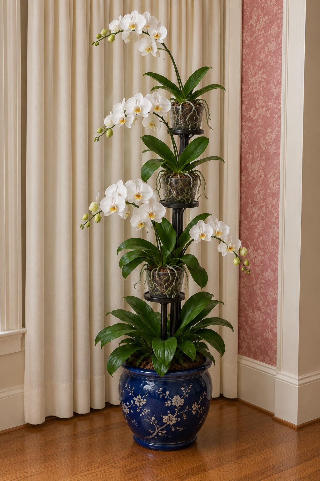 Blue patterned ceramic planter beneath a vertical arrangement of white orchids in open baskets