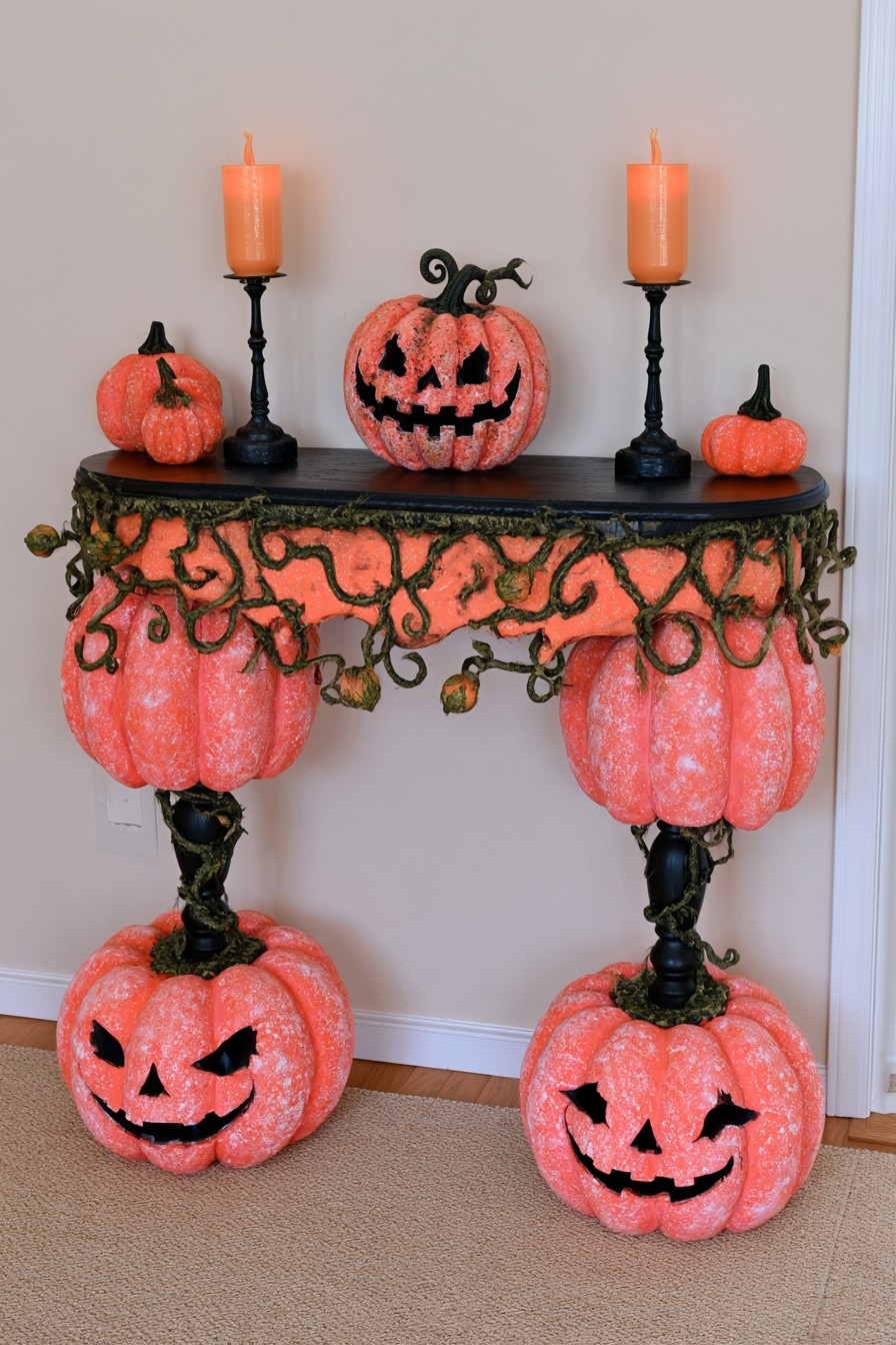 Black console with orange pumpkin-shaped leg decorations and trailing green vines