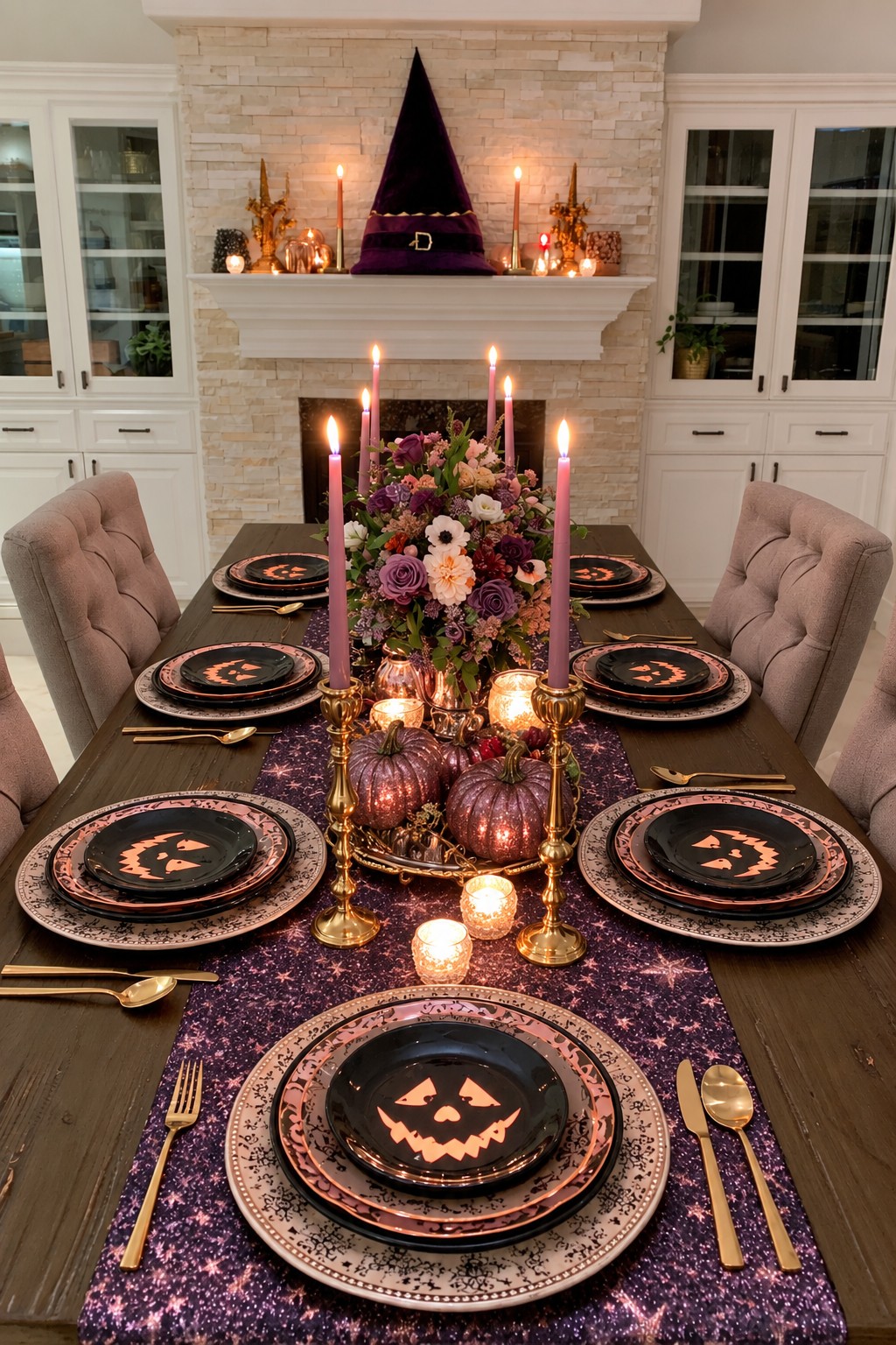 Purple floral centerpiece, pink candles, and jack-o’-lantern plates on a dining table