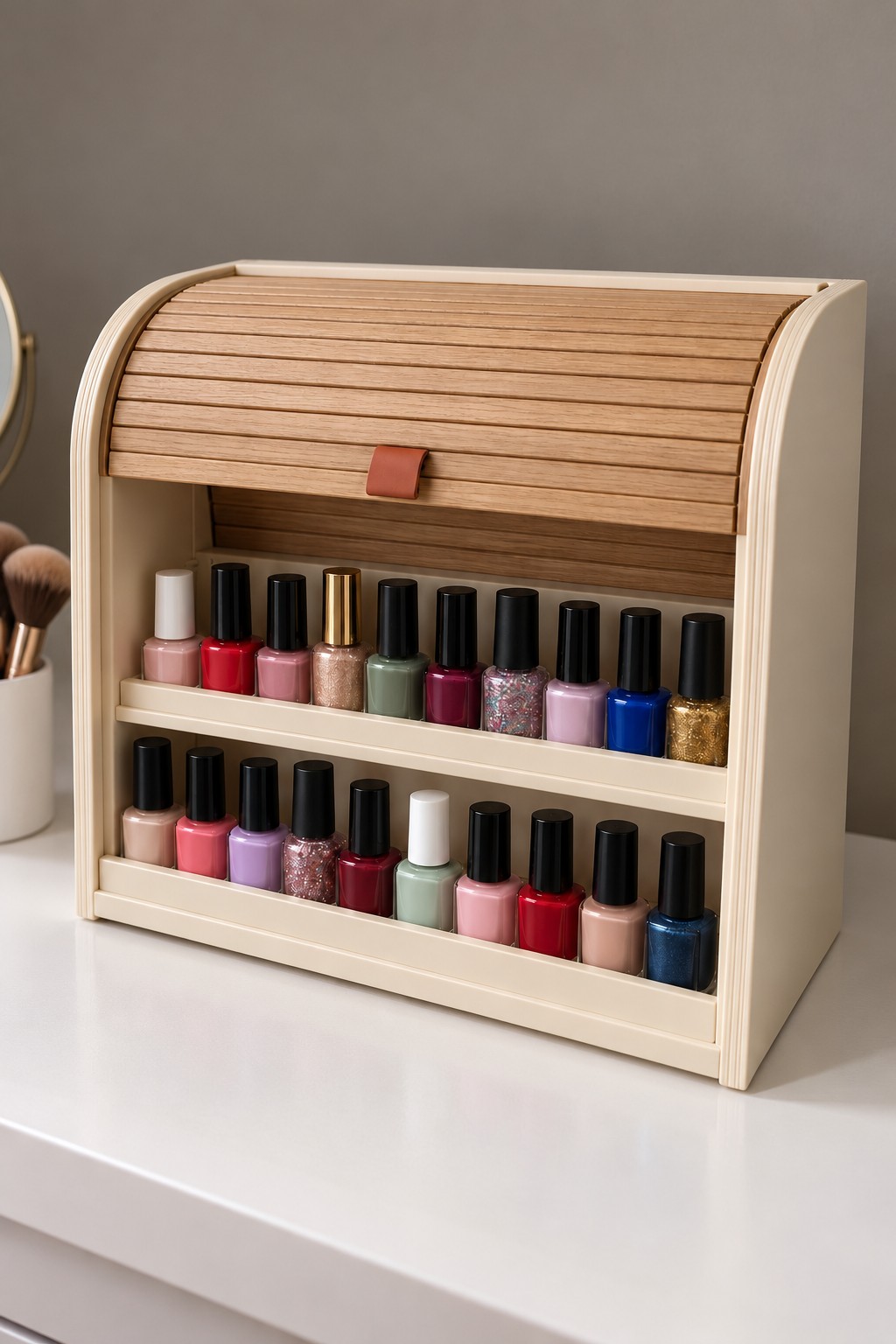 Cream nail polish cabinet with a curved wooden tambour door and two bottle shelves